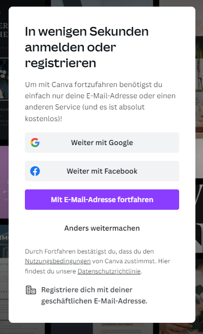 Anmeldefenster für Canva Onlineportal mit dem man auch ein Geschenkbuch erstellen kann.